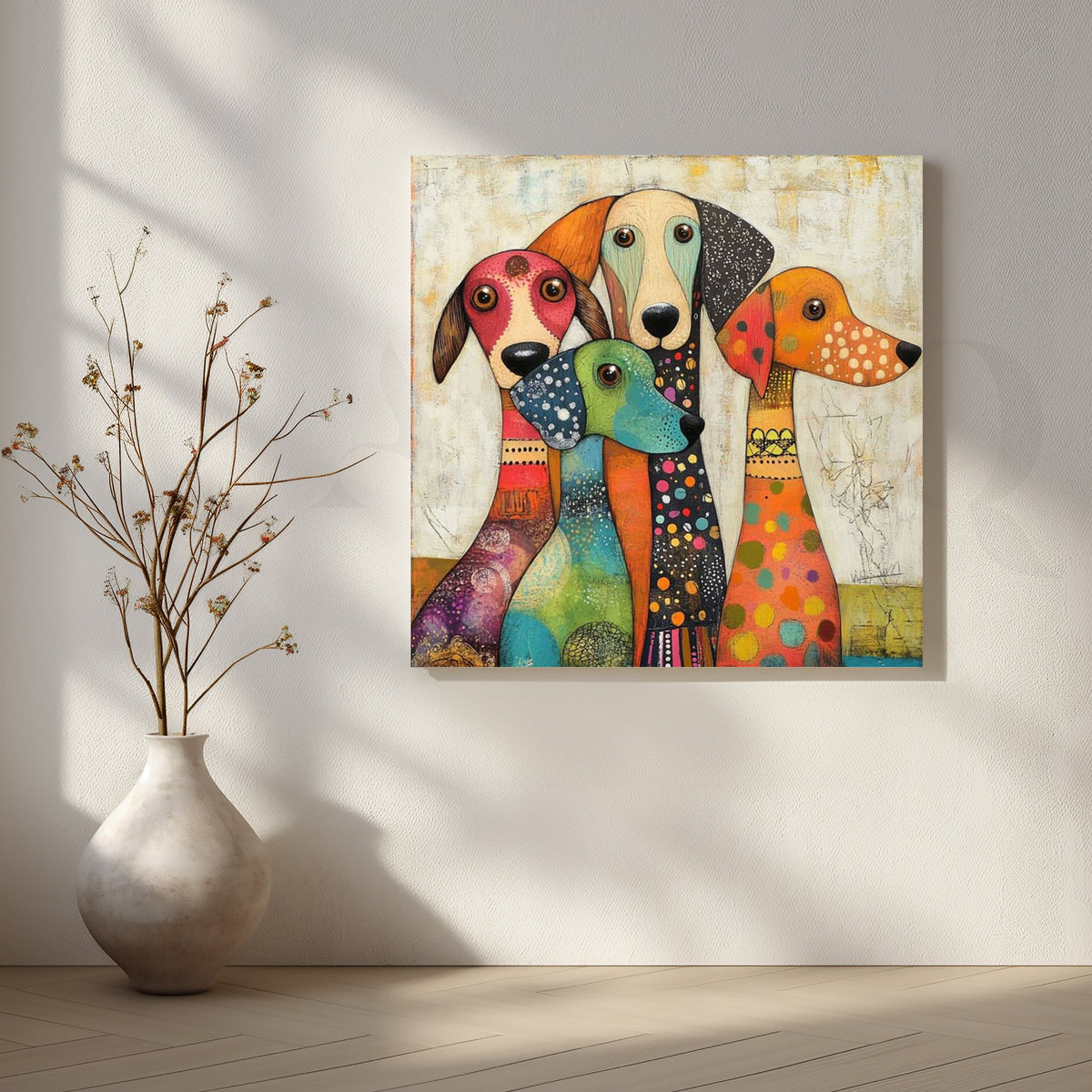 Four Colorful Hounds Canvas Artwork – Asha Art Studio