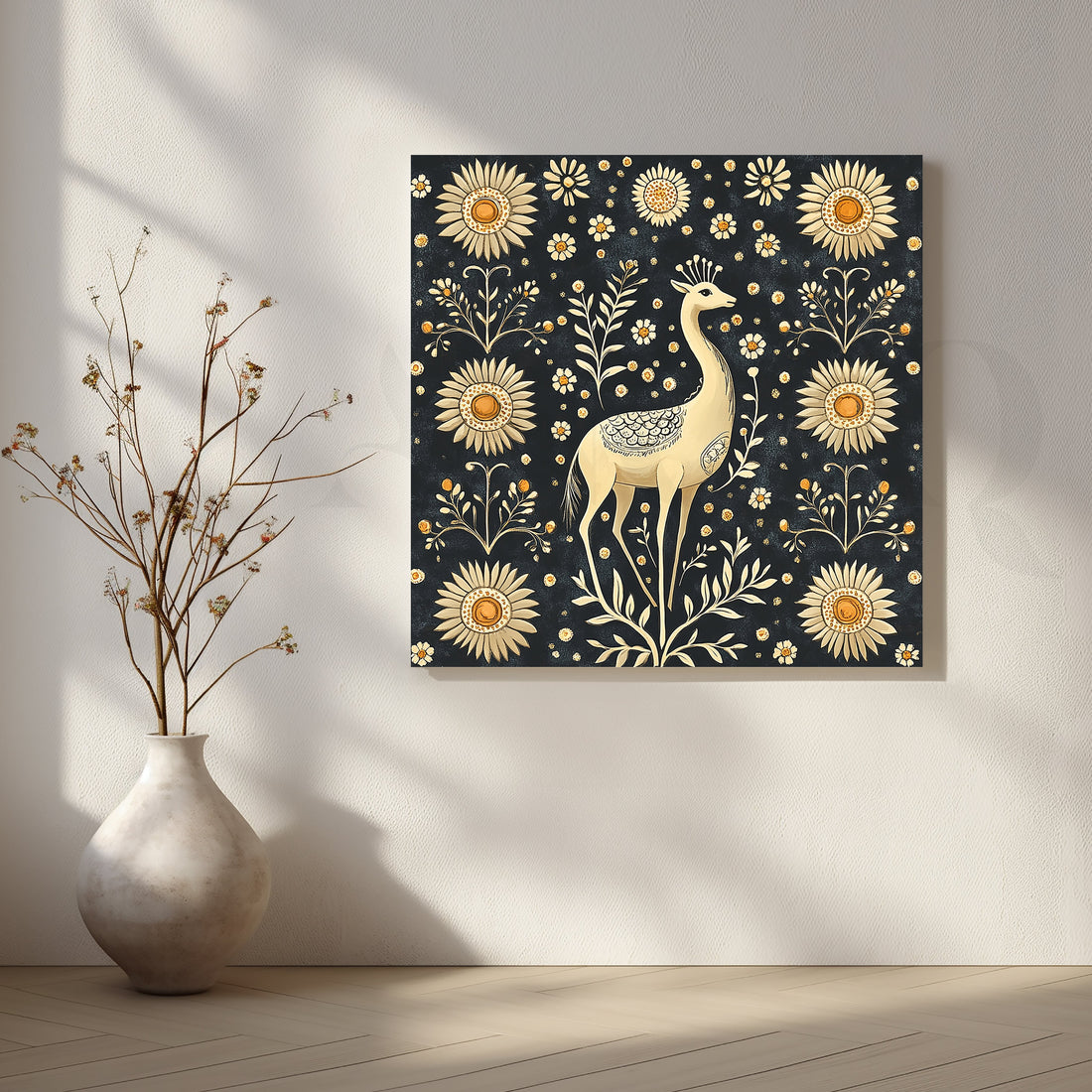 Black Folk Deer with Golden Blossoms Canvas Artwork – Asha Art Studio