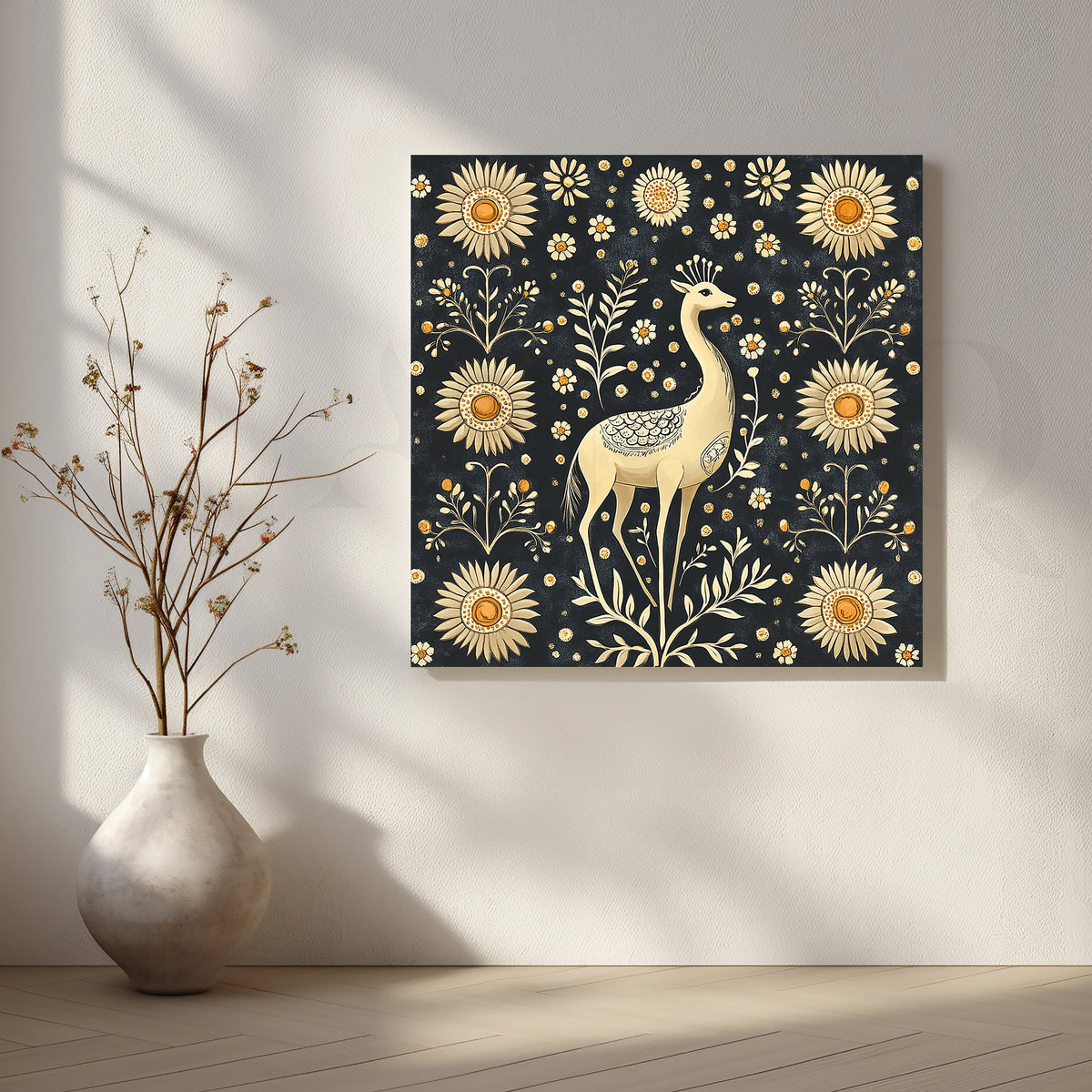 Black Folk Deer with Golden Blossoms Canvas Artwork – Asha Art Studio