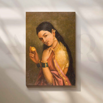 Woman Holding a Fruit by Raja Ravi Varma Canvas Artwork – Asha Art Studio