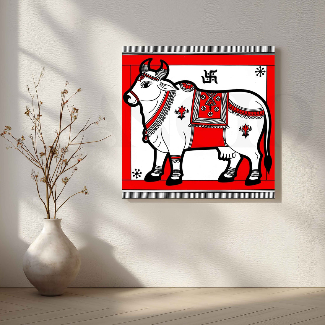 Sacred Cow Traditional Madhubani Canvas Artwork – Asha Art Studio