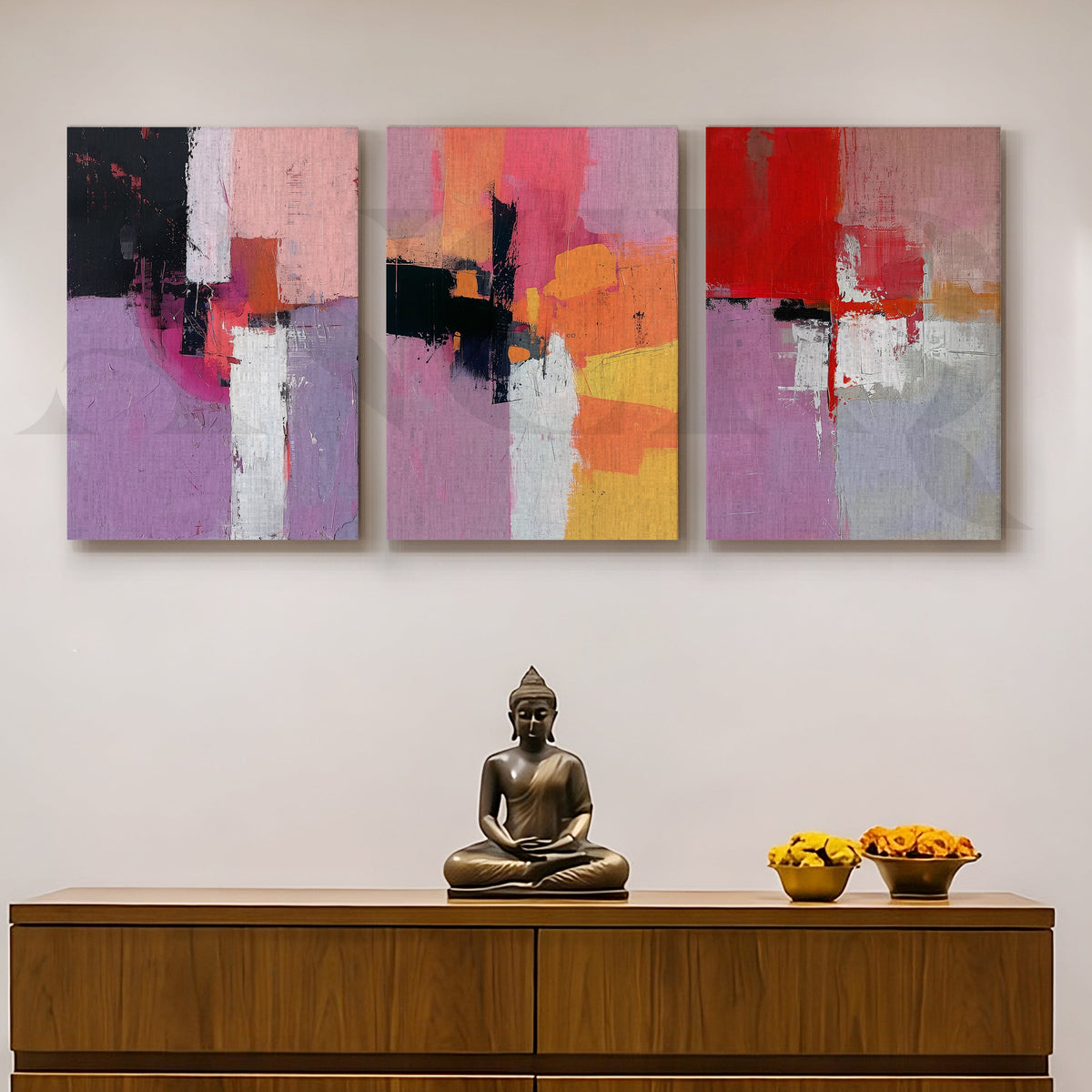 Blush & Crimson Abstract Gallery Wall – Set of 3 Contemporary Artworks - 18 x 24 Inches – Asha Art Studio