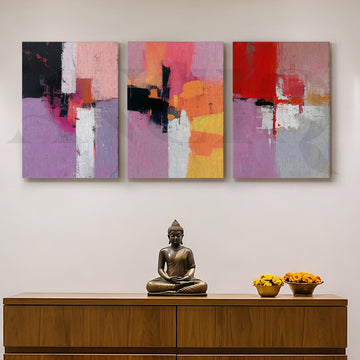 Blush & Crimson Abstract Gallery Wall – Set of 3 Contemporary Artworks - 18 x 24 Inches – Asha Art Studio