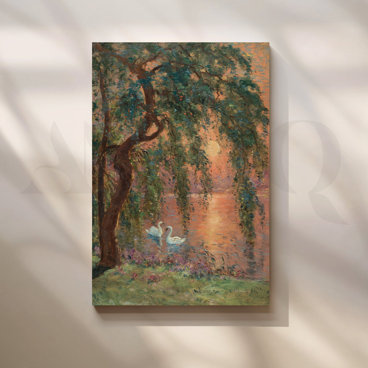 Swans at Sunset Lake Canvas Artwork – Asha Art Studio