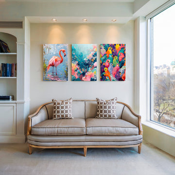 Tropical Birds & Bloom Gallery Wall – Set of 3 Artworks – Asha Art Studio
