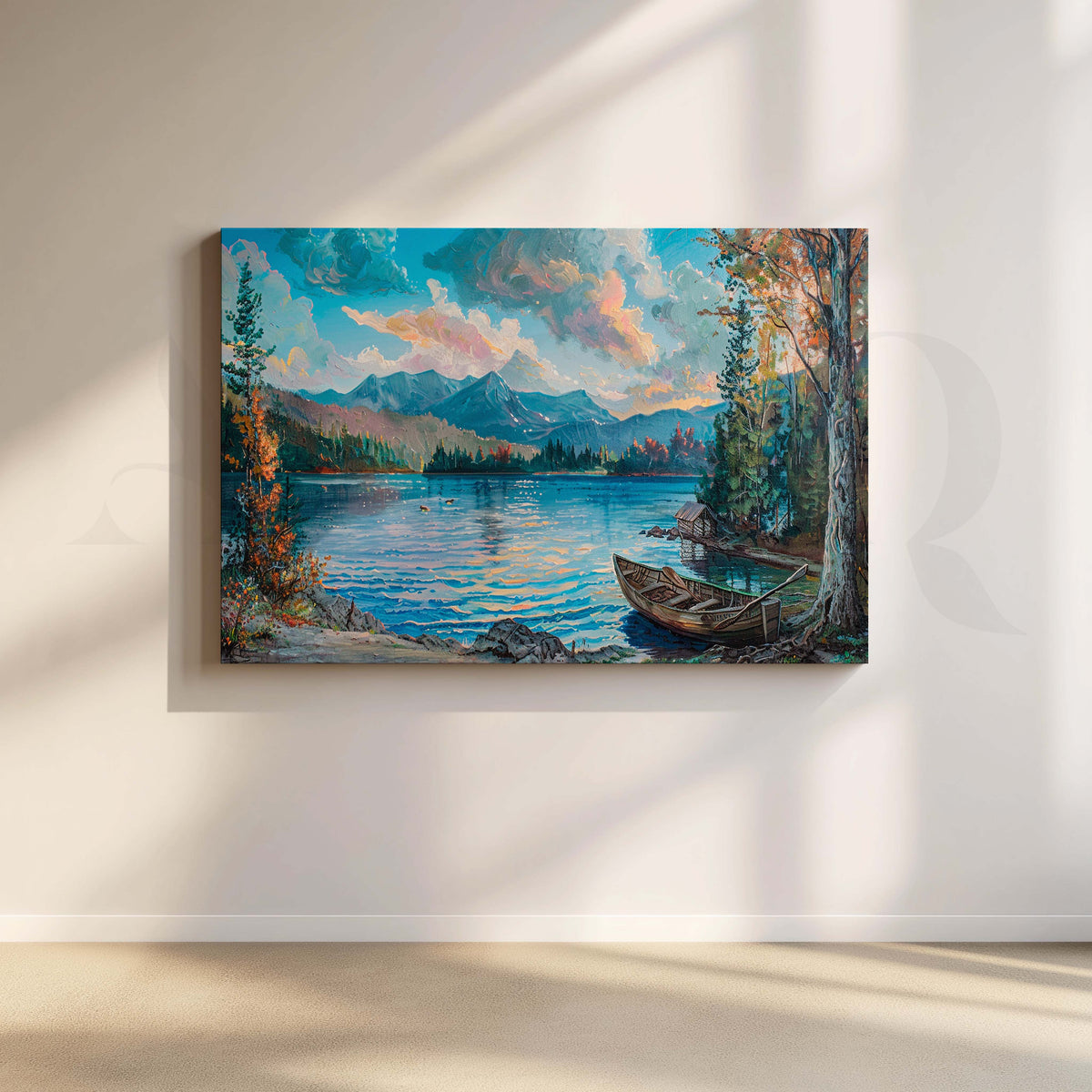 Mountain Lake Boat Canvas Artwork – Asha Art Studio