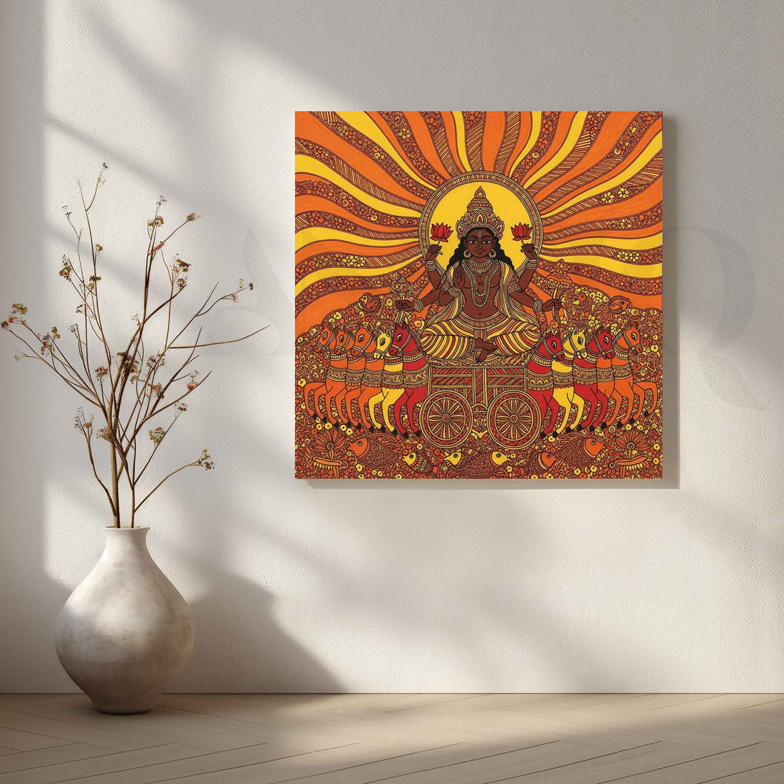 Surya Dev Seven Horses Madhubani Canvas Artwork – Asha Art Studio