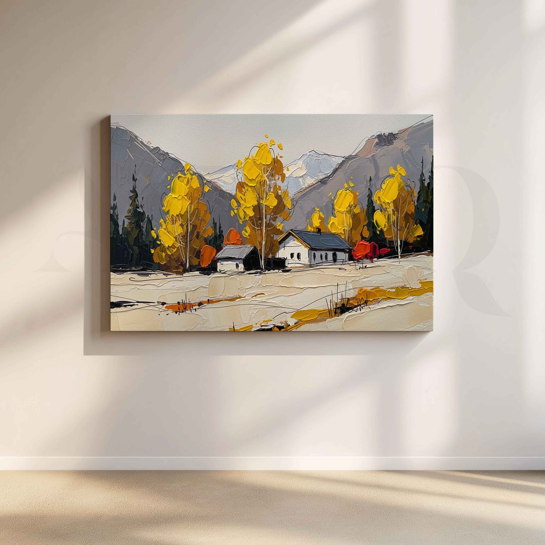 Autumn Mountain Cabin Canvas Artwork – Asha Art Studio