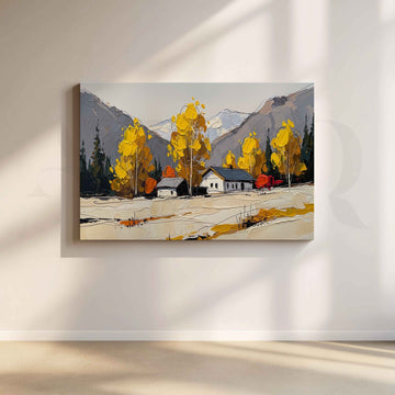 Autumn Mountain Cabin Canvas Artwork – Asha Art Studio