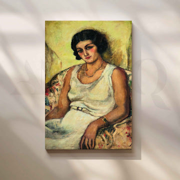 Seated Woman in White Dress by Amrita Sher-Gil Canvas Artwork – Asha Art Studio
