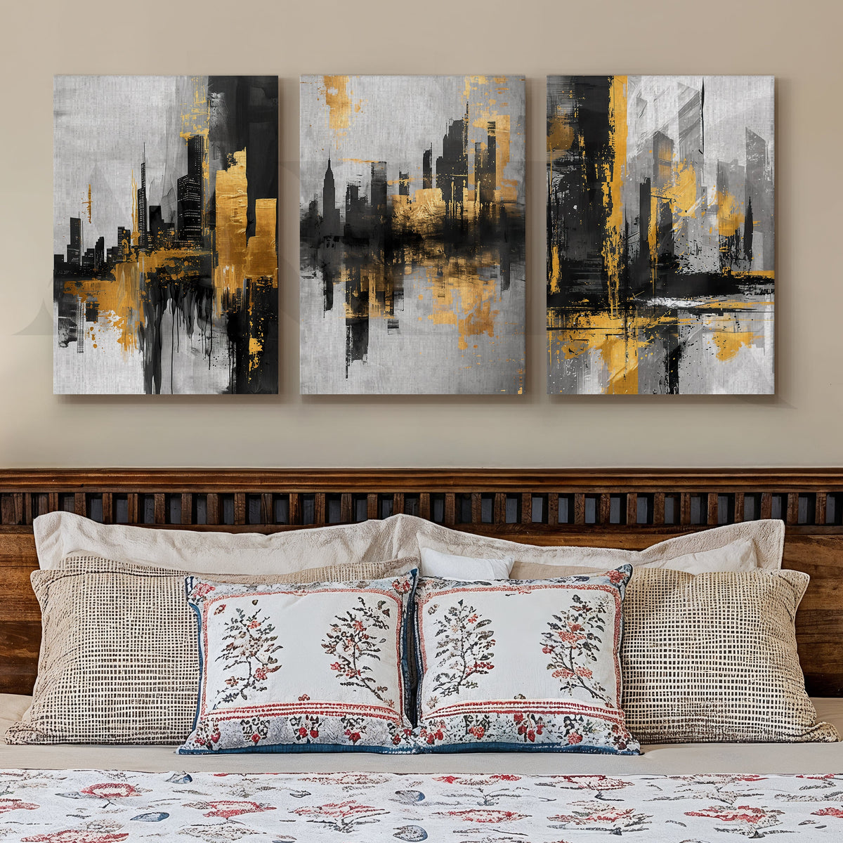 Golden Urban Skyline Gallery Wall – Set of 3 Modern Cityscape Artworks - 18 x 24 Inches – Asha Art Studio