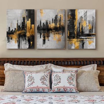 Golden Urban Skyline Gallery Wall – Set of 3 Modern Cityscape Artworks - 18 x 24 Inches – Asha Art Studio