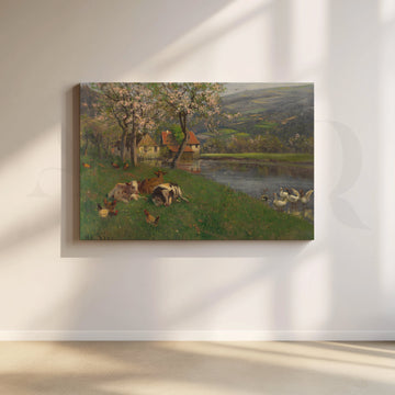 Spring Riverside Farm Scene Canvas Artwork – Asha Art Studio