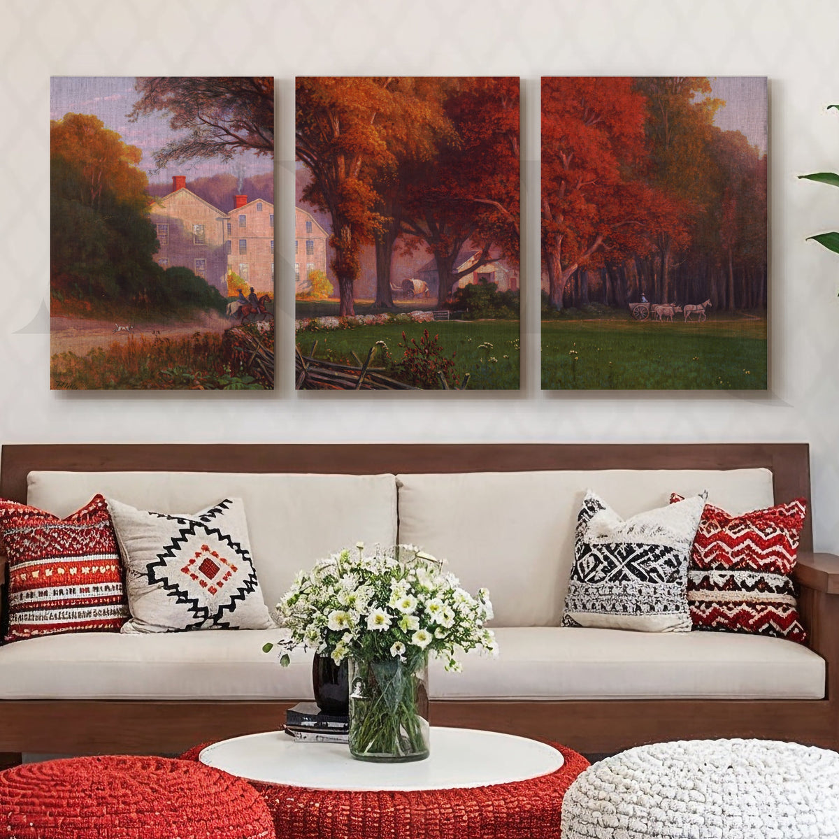Autumn Countryside Estate Gallery Wall – Set of 3 Classic Landscape Artworks - 18 x 24 Inches – Asha Art Studio