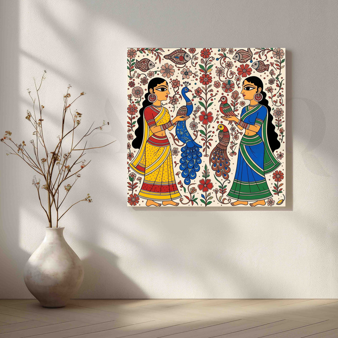 Traditional Women and Peacocks Madhubani Canvas Artwork – Asha Art Studio