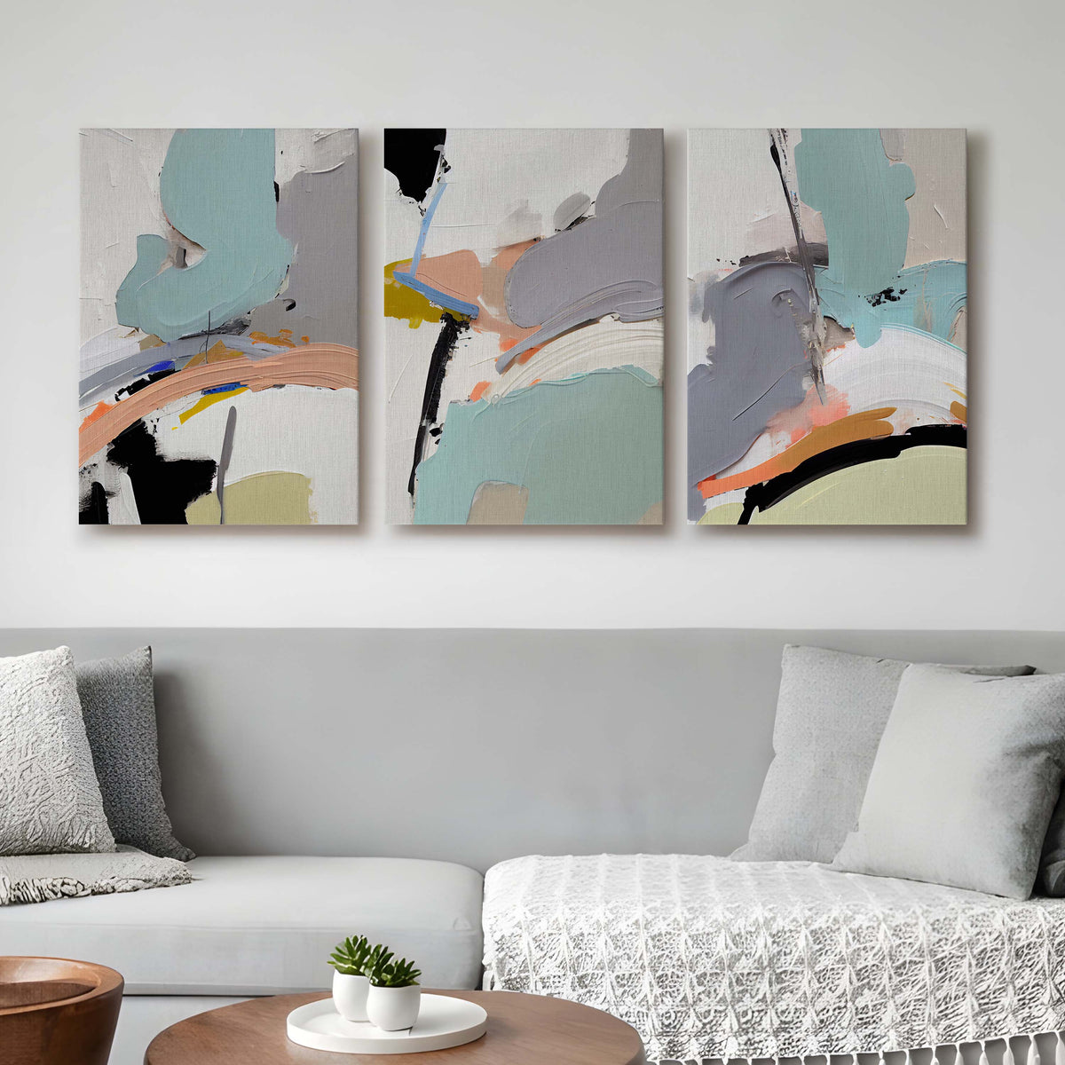 Soft Teal Abstract Gallery Wall Canvas Artwork Set of 3 - 18 x 24 Inches – Asha Art Studio