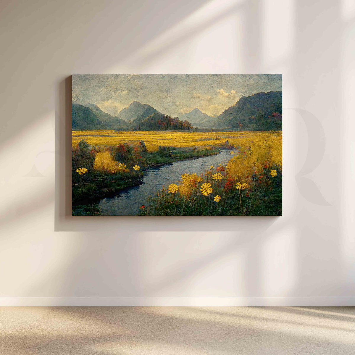Mountain Meadow River Canvas Artwork – Asha Art Studio
