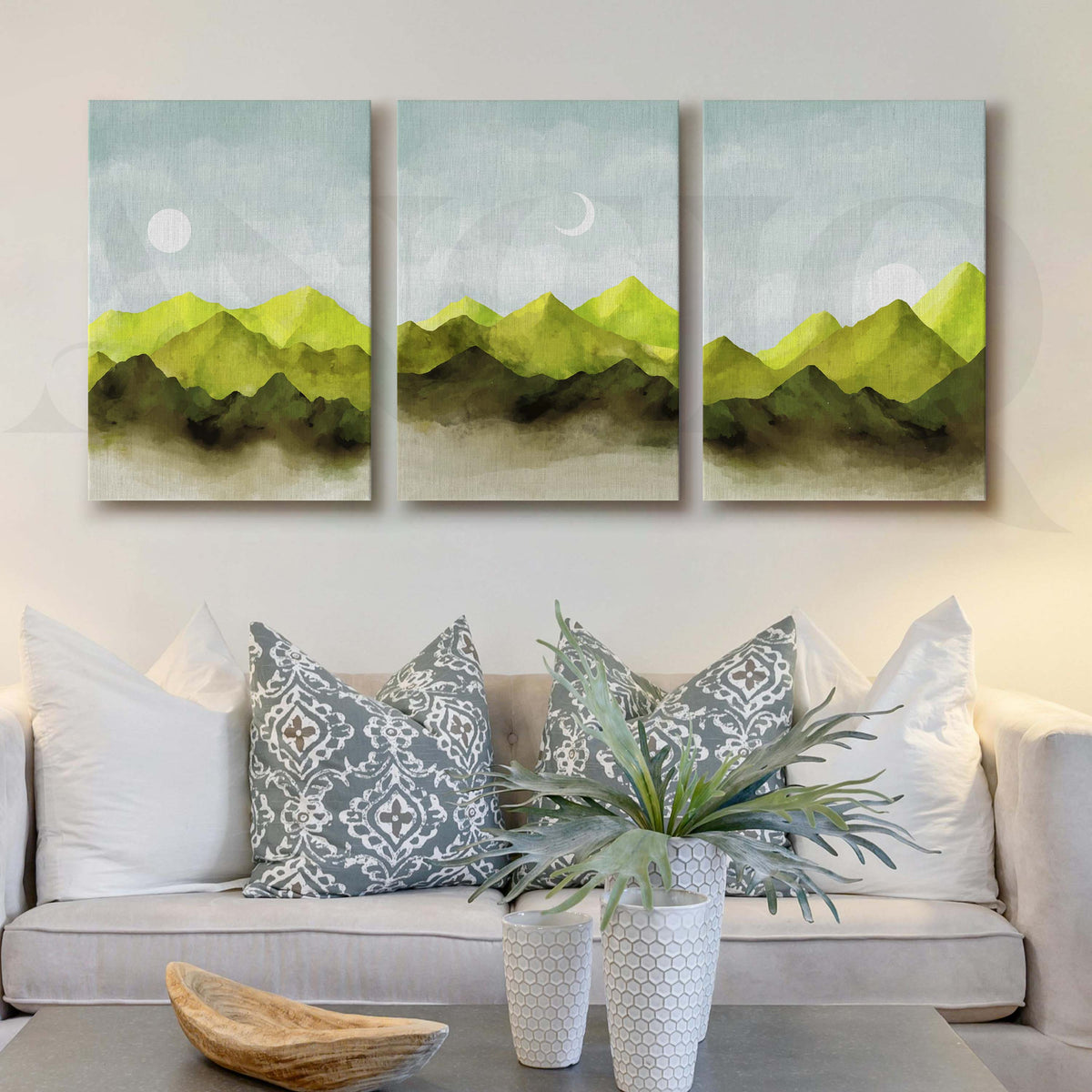 Misty Green Mountain Gallery Wall Artwork Set of 3 – Asha Art Studio