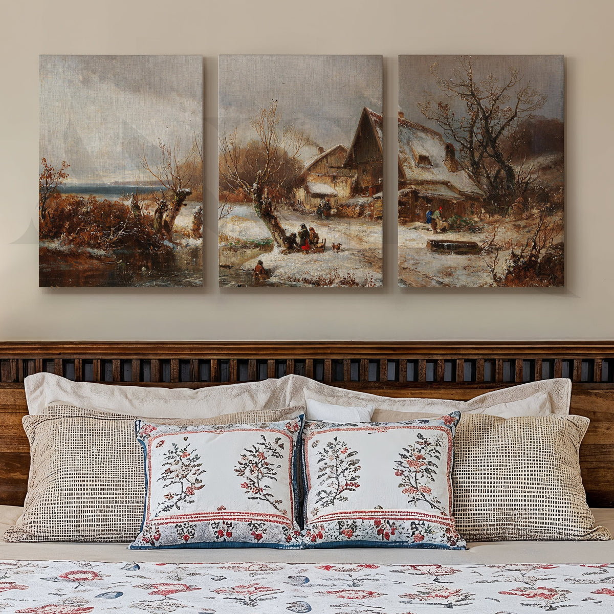 Winter Village Countryside Gallery Wall – Set of 3 Vintage Landscape Artworks - 18 x 24 Inches – Asha Art Studio