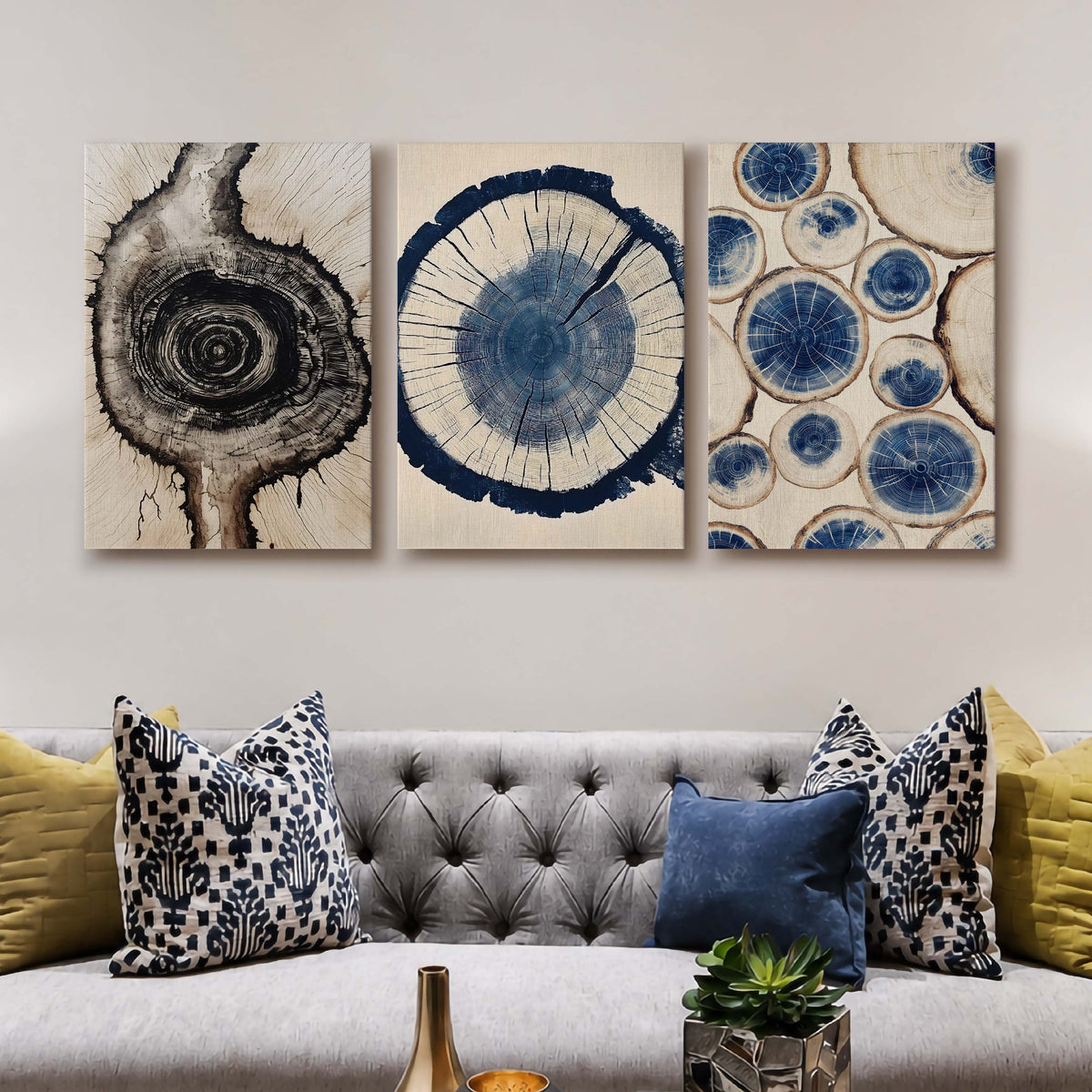Blue Wood Ring Gallery Wall Set of 3 – Asha Art Studio