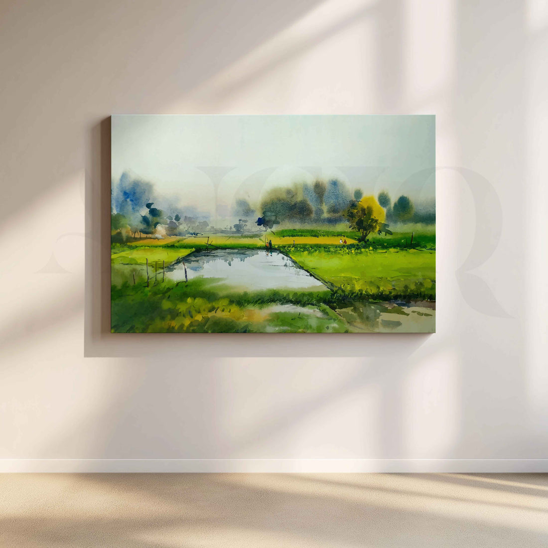 Green Countryside Pond Canvas Artwork – Asha Art Studio