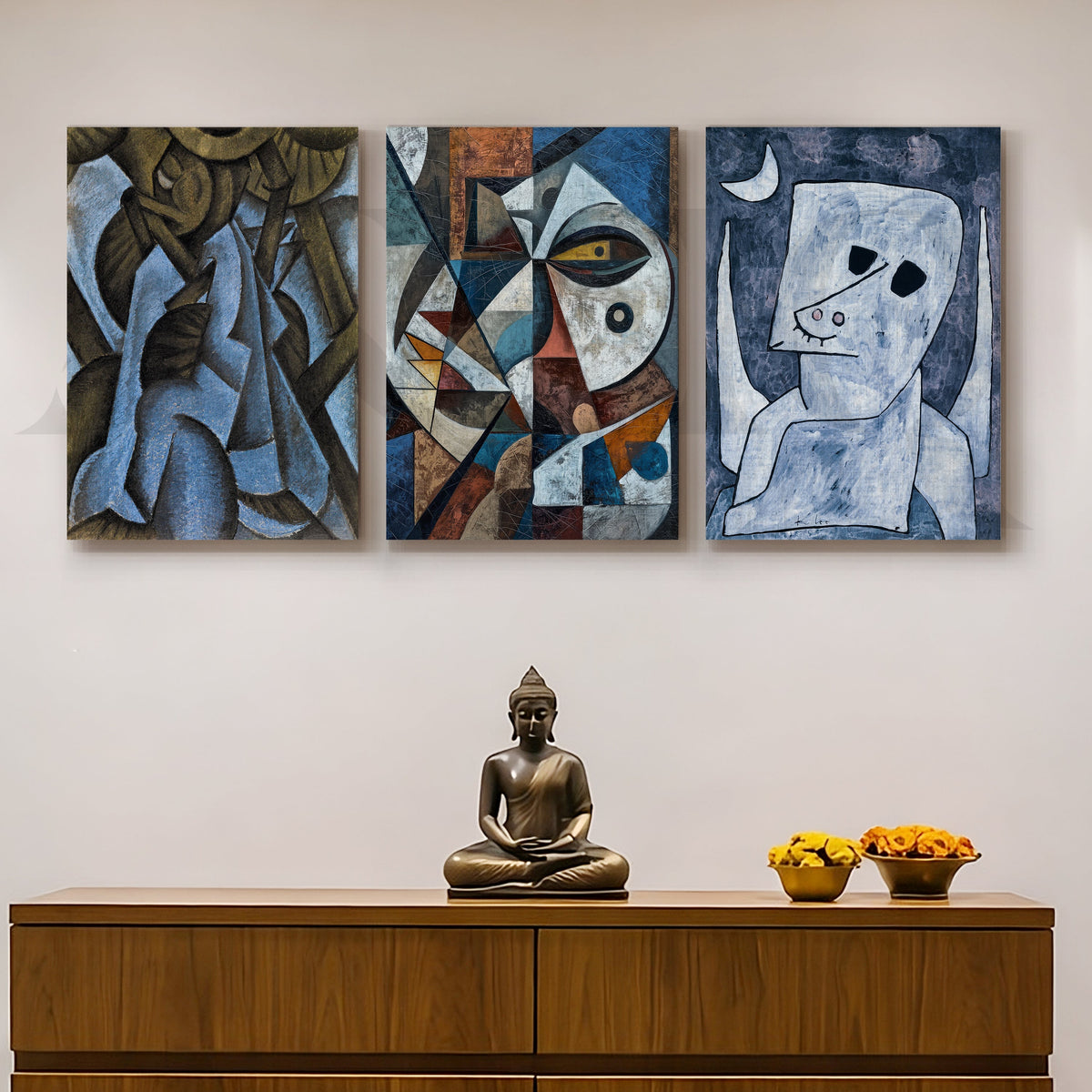 Avant-Garde Cubist Portrait Gallery Wall – Set of 3 Modern Artworks - 18 x 24 Inches – Asha Art Studio