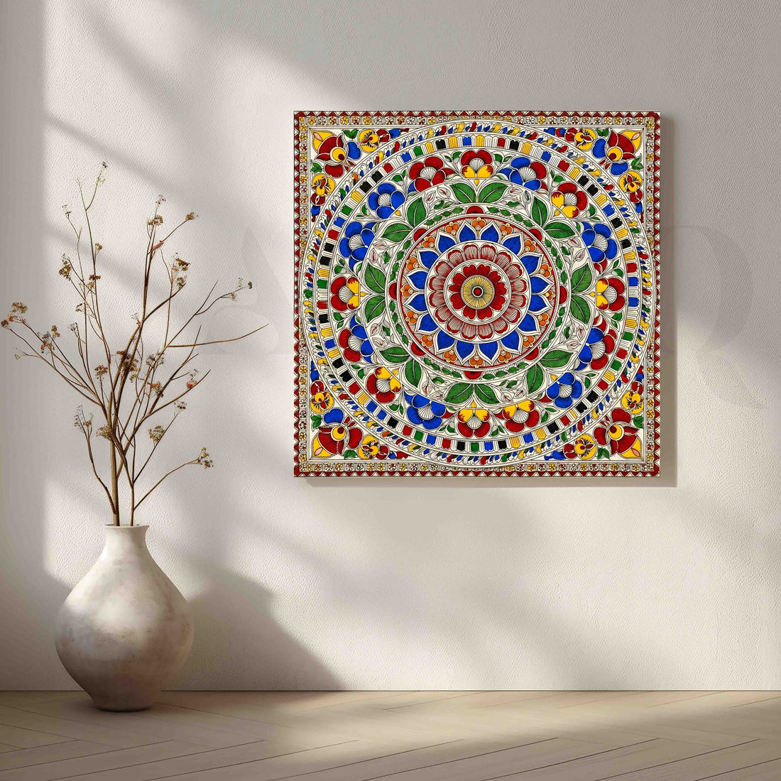 Traditional Floral Mandala Madhubani Canvas Artwork – Asha Art Studio