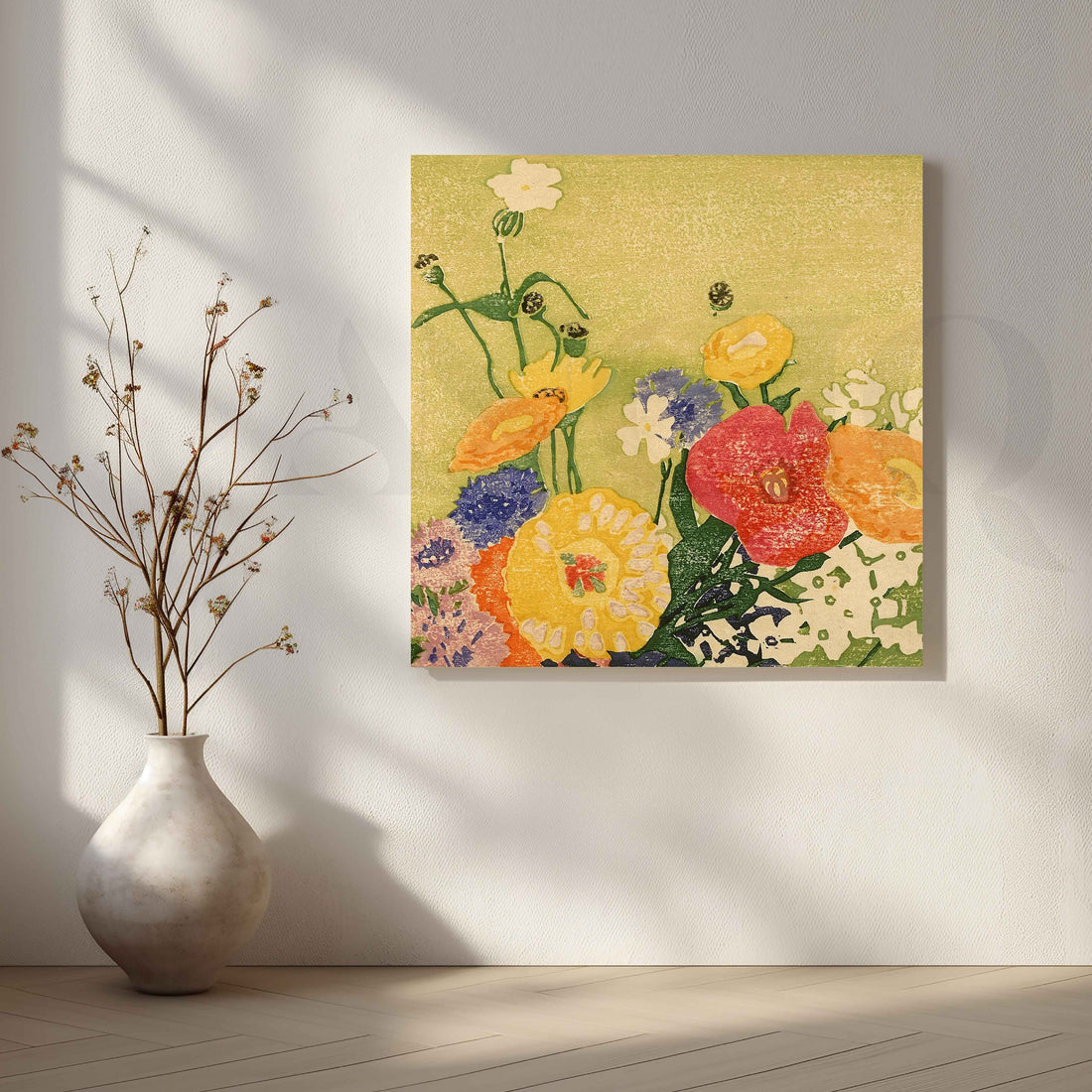 Modern Floral Block Print Canvas Artwork – Asha Art Studio