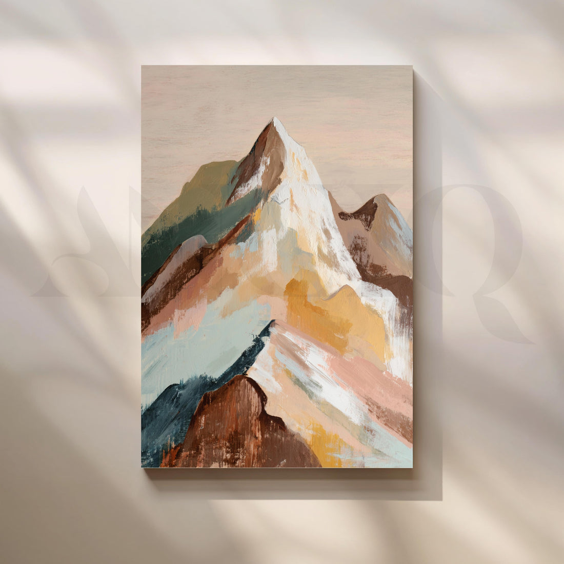 Abstract Mountain Landscape Canvas Artwork in Beige, Blue and Earthy Tones – Asha Art Studio
