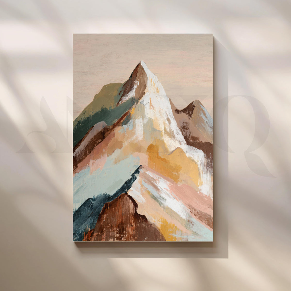Abstract Mountain Landscape Canvas Artwork in Beige, Blue and Earthy Tones – Asha Art Studio