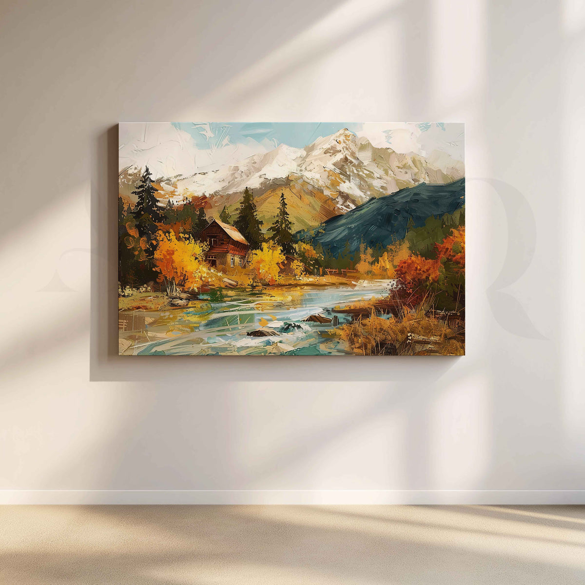 Snow Mountain Cabin Canvas Artwork – Asha Art Studio