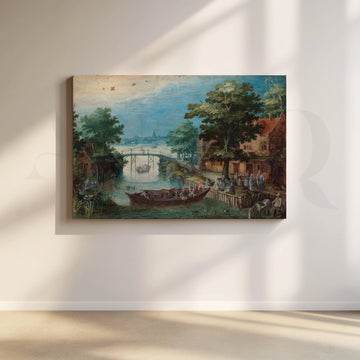 Riverside Village Boats Canvas Artwork – Asha Art Studio