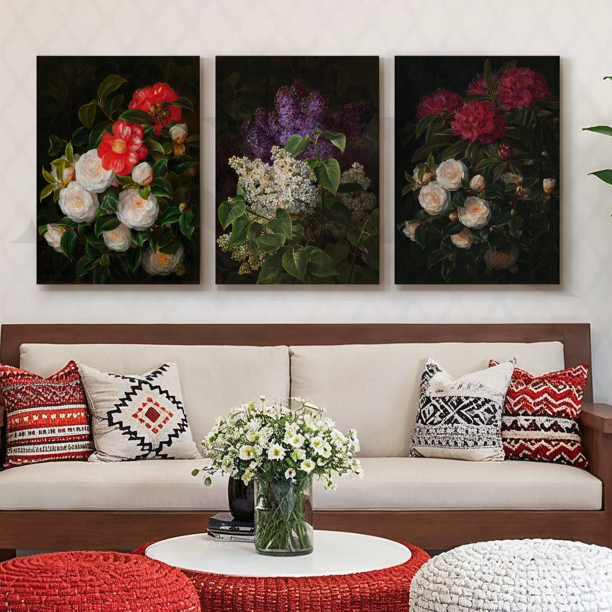 Vintage Botanical Bouquet Gallery Wall – Set of 3 Classic Floral Artworks - 18 x 24 Inches – Asha Art Studio