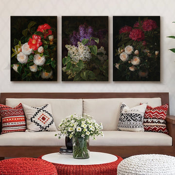 Vintage Botanical Bouquet Gallery Wall – Set of 3 Classic Floral Artworks - 18 x 24 Inches – Asha Art Studio