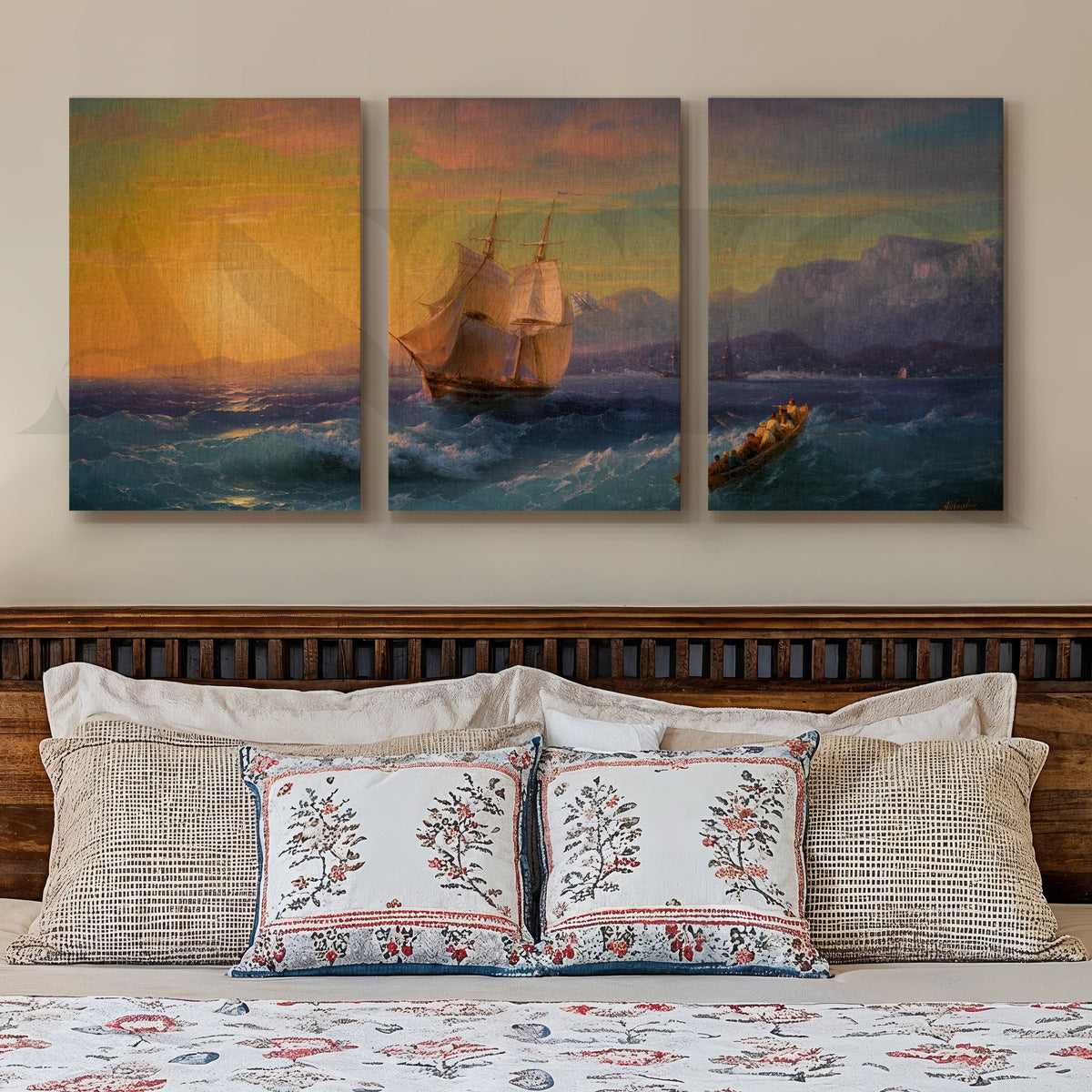 Golden Horizon Sailing Gallery Wall – Set of 3 Vintage Seascape Artworks - 18 x 24 Inches – Asha Art Studio