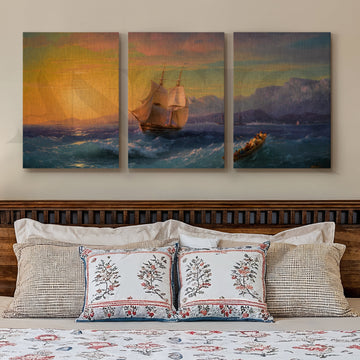 Golden Horizon Sailing Gallery Wall – Set of 3 Vintage Seascape Artworks - 18 x 24 Inches – Asha Art Studio