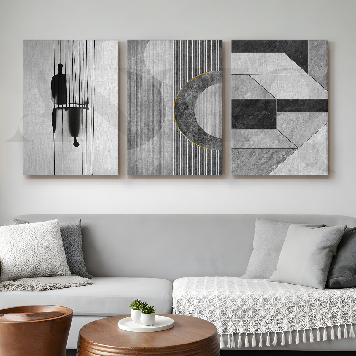 Monochrome Modern Geometry Gallery Wall – Set of 3 Minimal Abstract Artworks - 18 x 24 Inches – Asha Art Studio