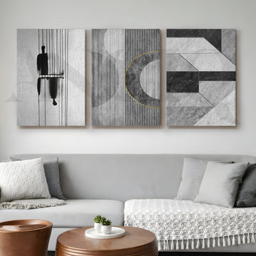 Monochrome Modern Geometry Gallery Wall – Set of 3 Minimal Abstract Artworks - 18 x 24 Inches – Asha Art Studio