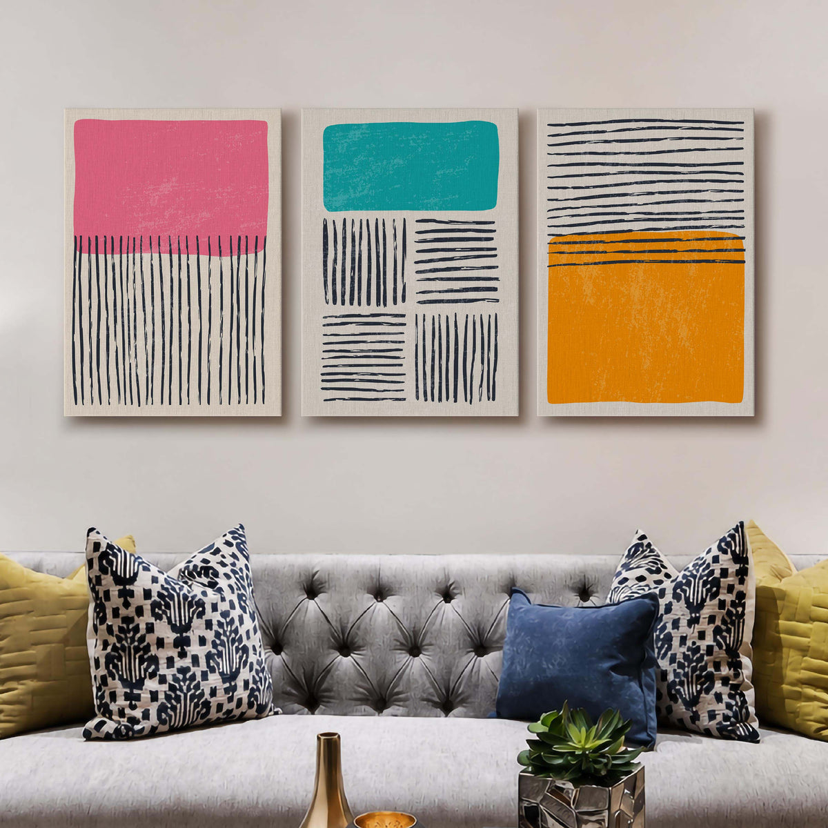 Colour Block Line Abstract Gallery Wall Set of 3 - 18 x 24 Inches – Asha Art Studio