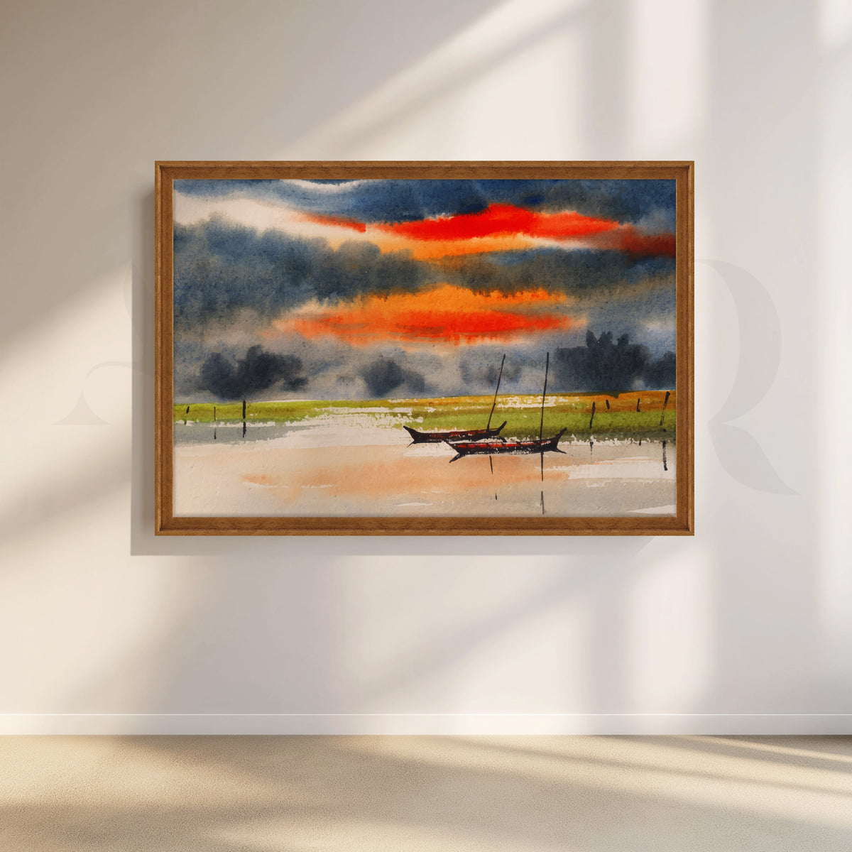 Sunset Stillness with Boats Canvas Artwork – Asha Art Studio – Image 5