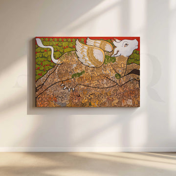 Intricate Winged Bull Heritage Canvas Artwork – Asha Art Studio