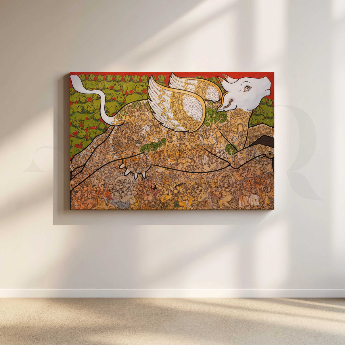 Intricate Winged Bull Heritage Canvas Artwork – Asha Art Studio