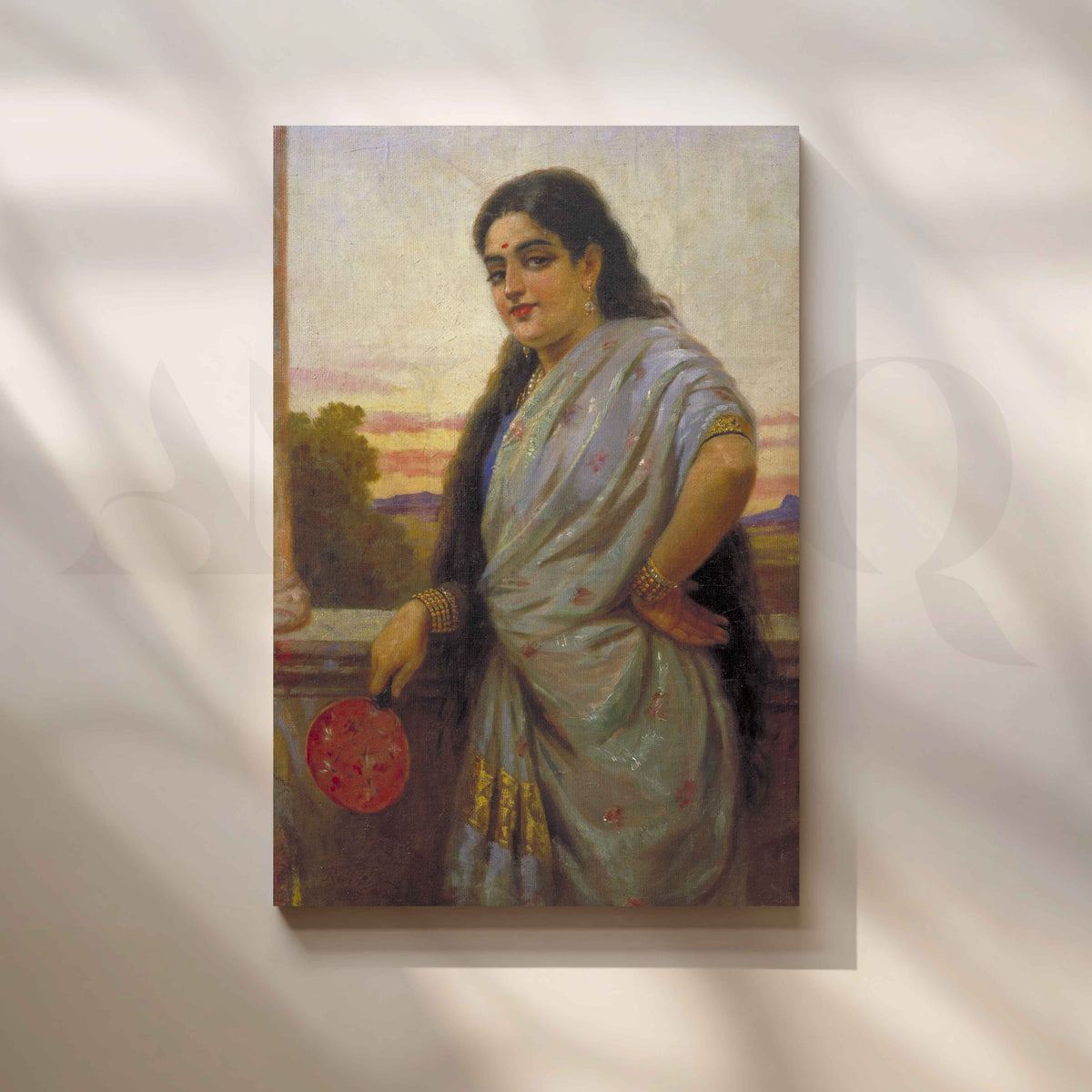 Woman Holding a Fan by Raja Ravi Varma Canvas Artwork – Asha Art Studio
