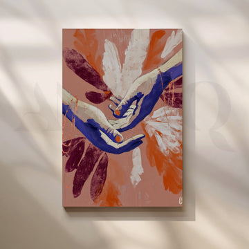 Abstract Hands Canvas Artwork in Terracotta, Blue and Burgundy Tones – Asha Art Studio