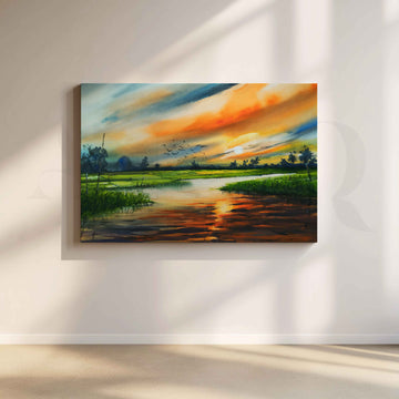 Sunset River Landscape Canvas Artwork – Asha Art Studio