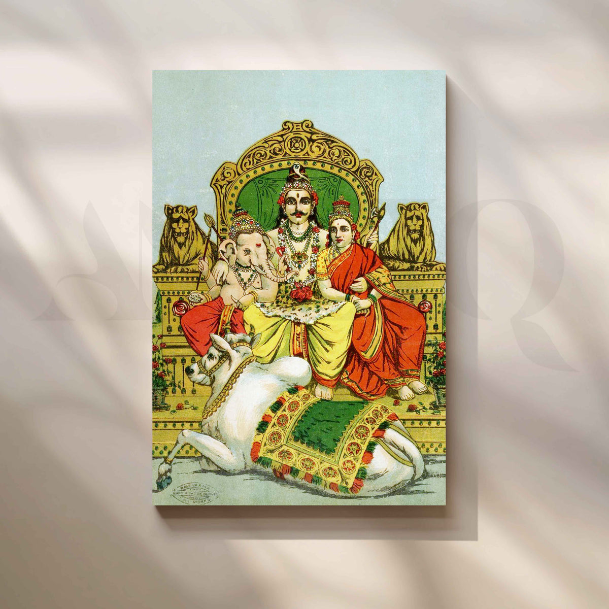 Shiva, Parvati and Ganesha Enthroned on Mount Kailas by Raja Ravi Varma Canvas Artwork – Asha Art Studio