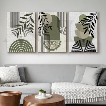 Minimal Botanical Geometry Gallery Wall – Set of 3 Modern Abstract Artworks - 18 x 24 Inches – Asha Art Studio