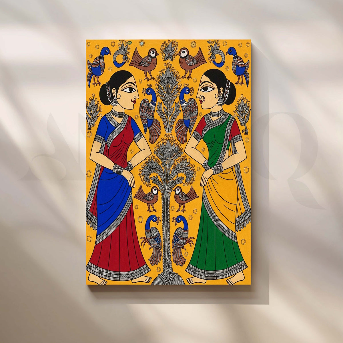 Traditional Women and Birds Madhubani Canvas Artwork – Asha Art Studio