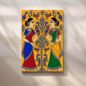 Traditional Women and Birds Madhubani Canvas Artwork – Asha Art Studio