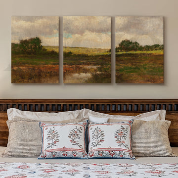 Rustic Meadow Landscape Gallery Wall – Set of 3 Classic Countryside Artworks - 18 x 24 Inches – Asha Art Studio